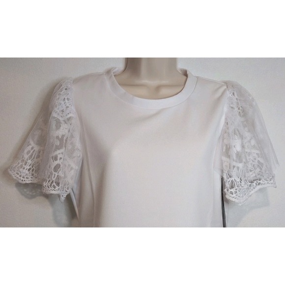 Love 83 Women's White Lace Puff Sleeve Crew Neck T-Shirt Blouse NWT Size M/L - Picture 2 of 8